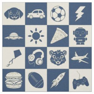 Cute Modern Blue Chequered Icons Pattern Children Fabric