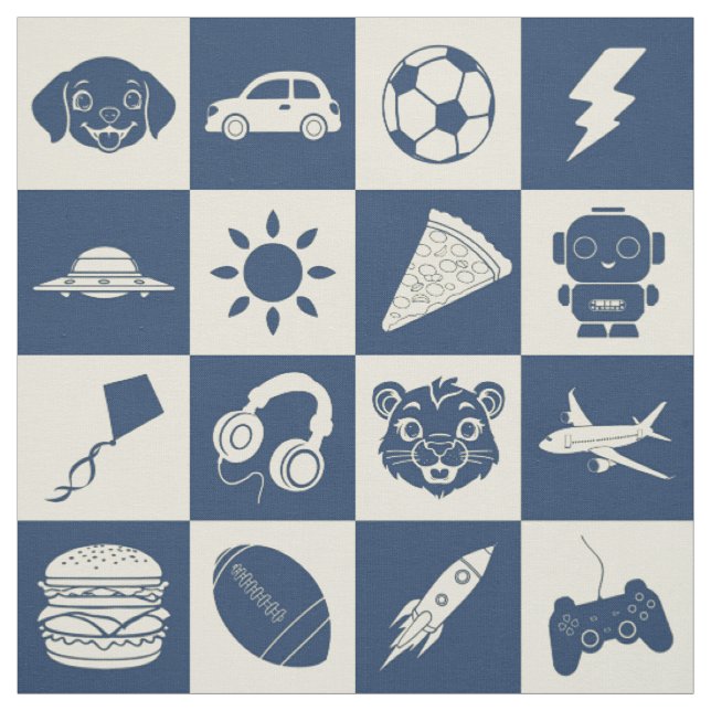 Cute Modern Blue Chequered Icons Pattern Children Fabric (Swatch)