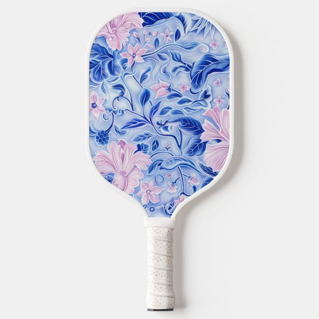 Cute Modern Blue Floral Pickleball Paddle (Front)