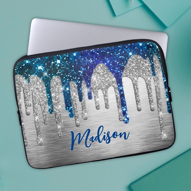 Cute modern Blue Glitter Drips monograM Laptop Sleeve (Creator Uploaded)