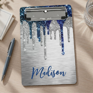 Cute modern Blue Glitter Drips monogram Mini Clipboard