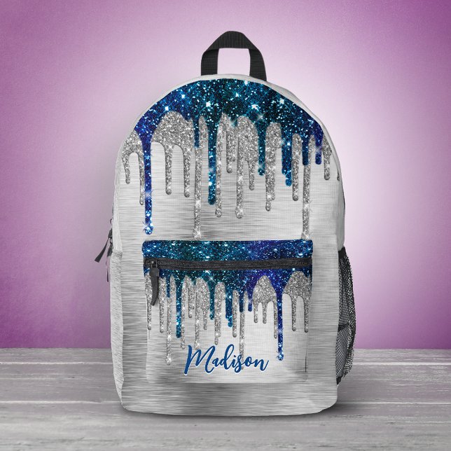 Cute modern Blue Glitter Drips monogram  Printed Backpack (Creator Uploaded)