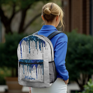 Cute modern Blue Glitter Drips monogram Printed Backpack