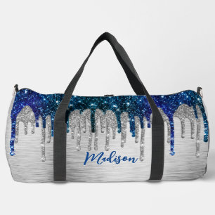 Cute modern Blue Glitter Drips monogram Printed Duffle Bag
