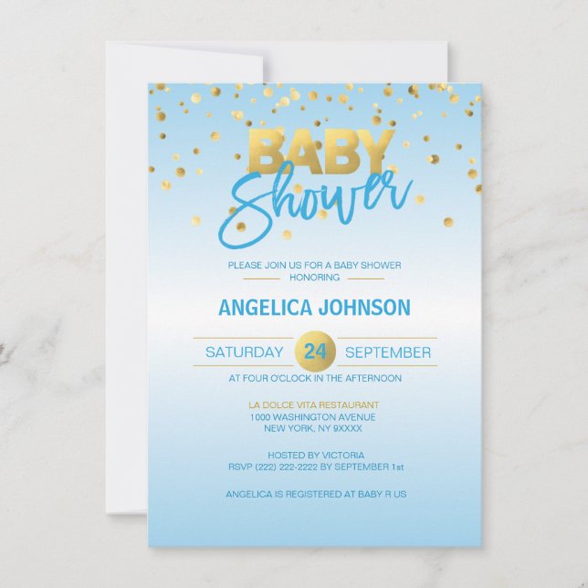 Cute Modern Blue Gold Confetti BOY Baby Shower Invitation (Front)