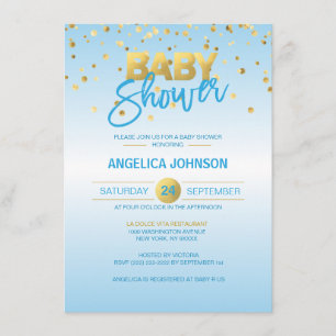 Cute Modern Blue Gold Confetti BOY Baby Shower Invitation