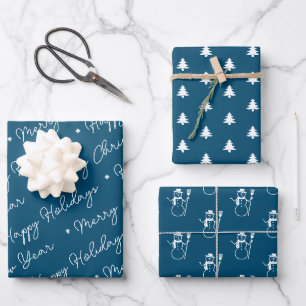 Cute Modern Blue Snowman Christmas Trees Script Wrapping Paper Sheet