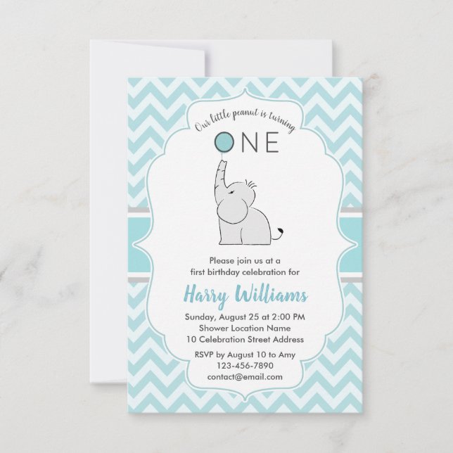 Cute Modern Blue White Elephant 1st Birthday Party Invitation (Front)