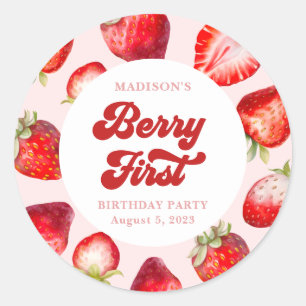 Cute Modern Boho Strawberry Berry 1st Birthday  Classic Round Sticker