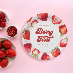Cute Modern Boho Strawberry Berry 1st Birthday  Paper Plate