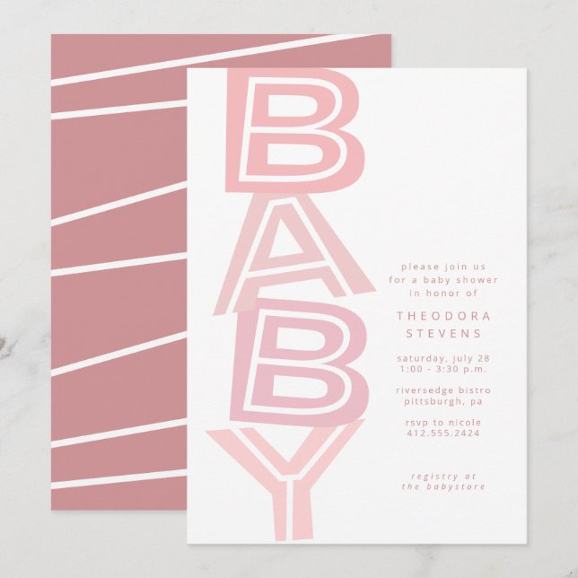 Cute modern bold pink baby girl shower invitation (Front/Back)