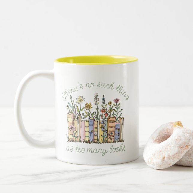 Cute Modern Book Club Lover Wildflowers Two-Tone Coffee Mug (With Donut)