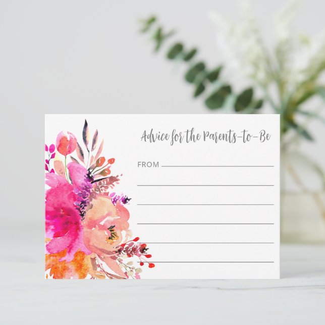 Cute Modern Bright Pink Floral Simple Baby Shower Advice Card (Standing Front)