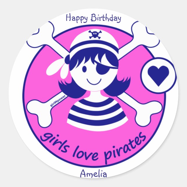 Cute Modern Bright Pink Girl Pirate Classic Round Sticker (Front)
