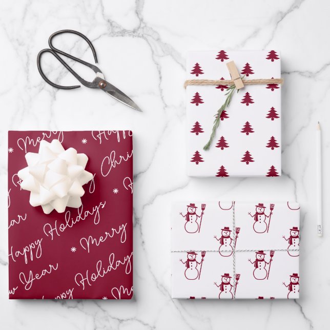 Cute Modern Burgundy Red Snowman Christmas Trees Wrapping Paper Sheet (Front)