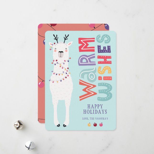 Cute Modern Cartoon Christmas Llama String Lights Holiday Card (Front/Back In Situ)