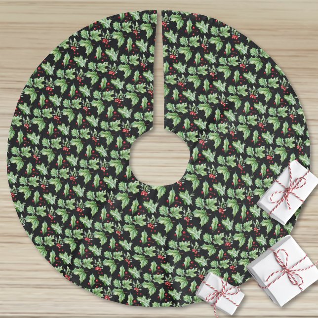 Cute Modern Christmas Brushed Polyester Tree Skirt (Black Holly Christmas Brushed Polyester Tree Skirt)