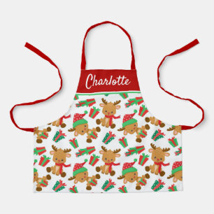 Cute Modern Christmas Reindeer Personalised Name Apron