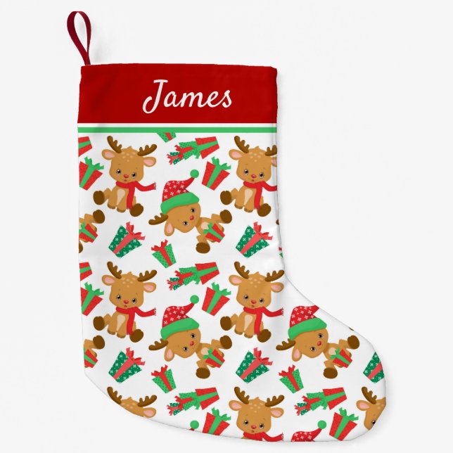 Cute Modern Christmas Reindeer Personalised Name Small Christmas Stocking (Front)