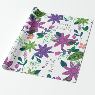 Cute Modern Colourful Floral Happy Birthday  Wrapping Paper