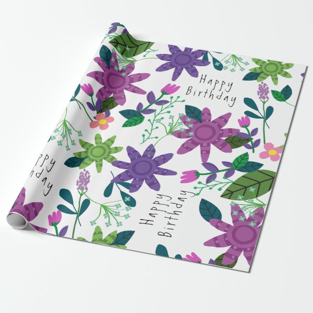 Cute Modern Colourful Floral Happy Birthday  Wrapping Paper (Unrolled)