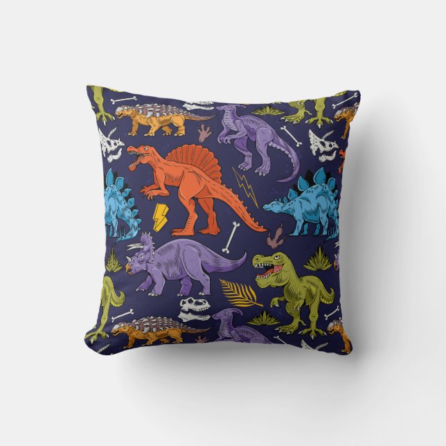 Cute Modern Colourful Fun Dinosaur Kids Pattern Cushion (Front)