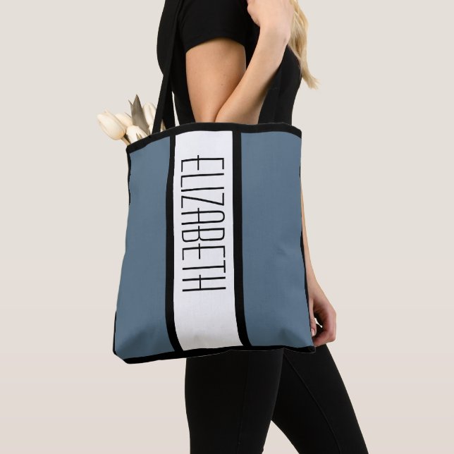 Cute Modern Custom Name Blue Black White Stylish  Tote Bag (Close Up)