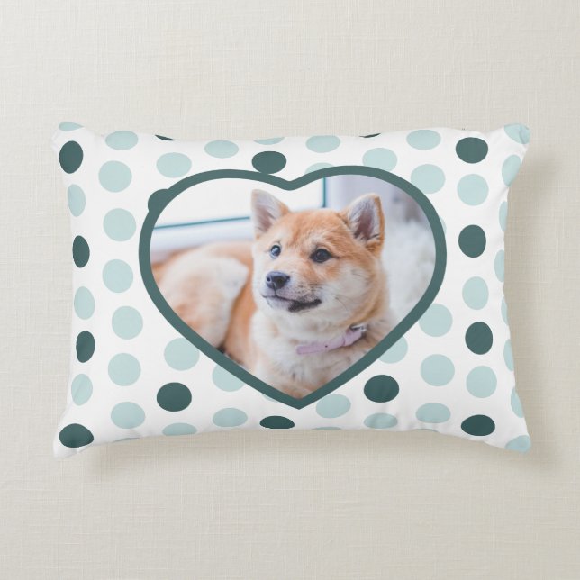 Cute Modern Custom Pet Photo Dog Heart Green Mint Decorative Cushion (Front)