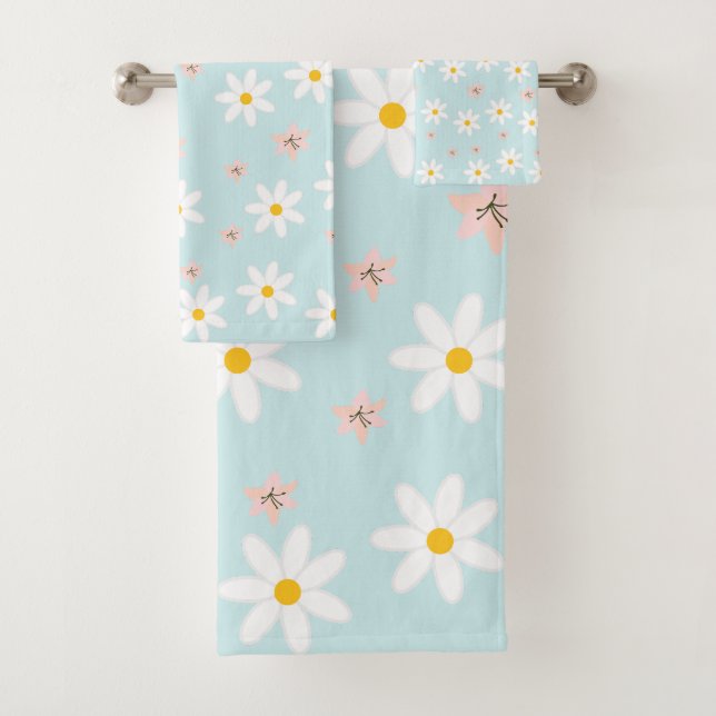Cute Modern Daisy lily flower Rustic seamless  Bath Towel Set (Insitu)