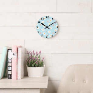 Cute Modern Daisy lily flower Rustic seamless  Round Clock