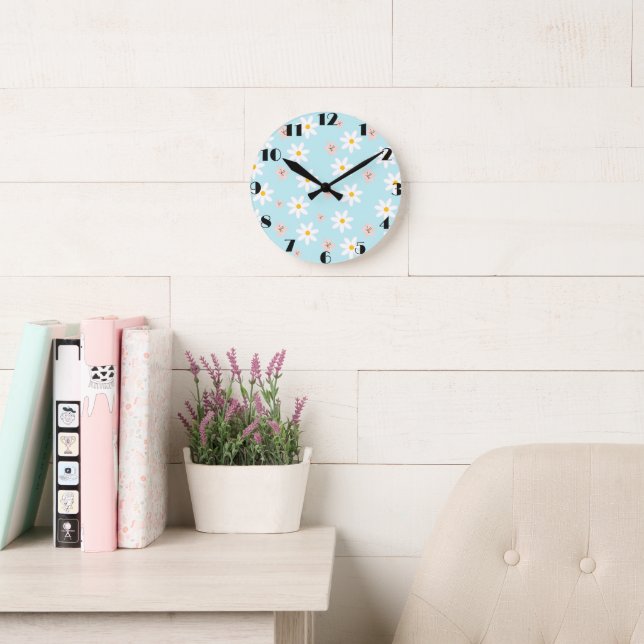 Cute Modern Daisy lily flower Rustic seamless  Round Clock (Reading Room)