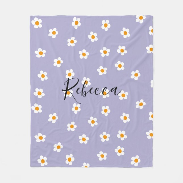 Cute Modern Daisy Pattern Purple Personalised Fleece Blanket (Front)