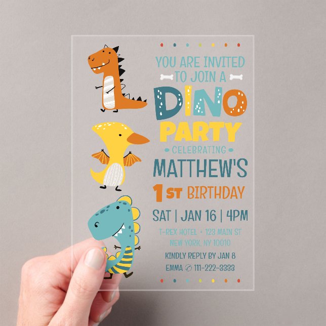 Cute Modern Dino Dinosaur Kid's Birthday Party Acrylic Invitations (Insitu (Handheld))