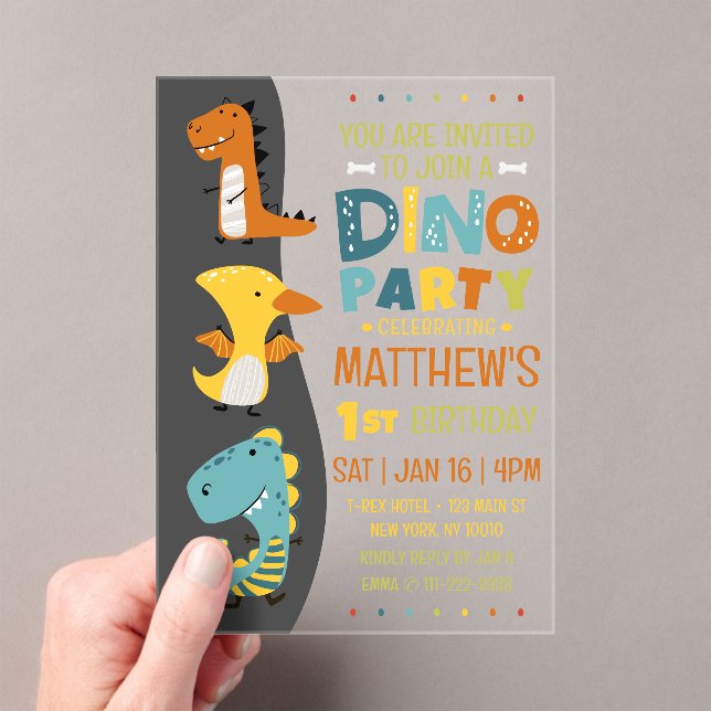 Cute Modern Dino Dinosaur Kid's Birthday Party Acrylic Invitations (Insitu (Handheld))