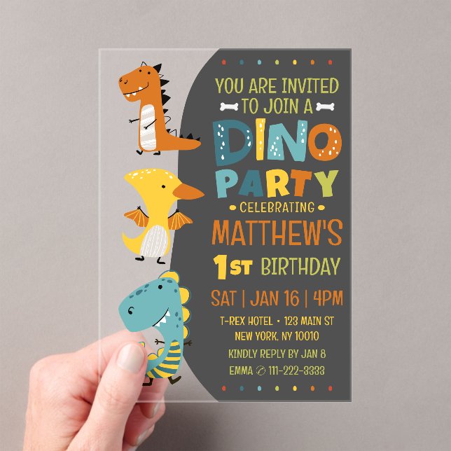 Cute Modern Dino Dinosaur Kid's Birthday Party Acrylic Invitations (Insitu (Handheld))