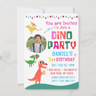Cute Modern Dino Dinosaur Kid's Birthday Party Invitation