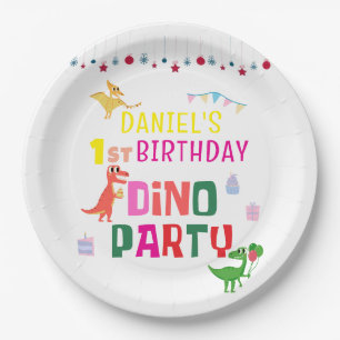 Cute Modern Dino Dinosaur Kid's Birthday Party Paper Plate