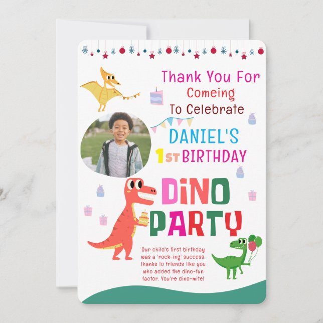 Cute Modern Dino Dinosaur Kid's Birthday Party Thank You Card (Front)