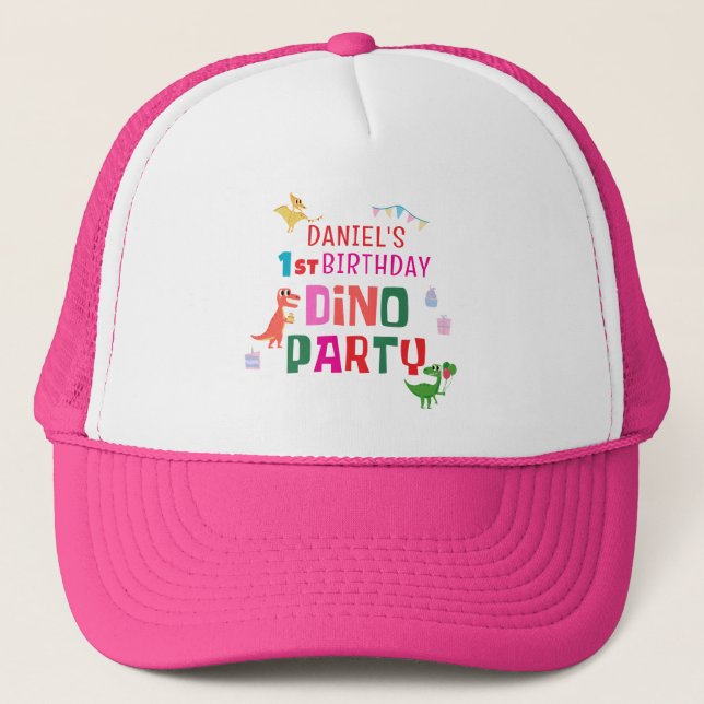 Cute Modern Dino Dinosaur Kid's Birthday Party Trucker Hat (Front)