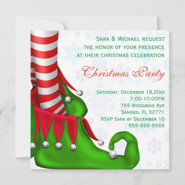 Cute Modern Elf Shoe Christmas Party Invitation (Front)