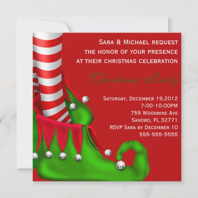 Cute Modern Elf Shoe Christmas Party Invitation (Front)