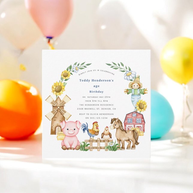 Cute modern farmyard kids birthday  invitation (cute farmyard animals  birthday invitation , fully editable )
