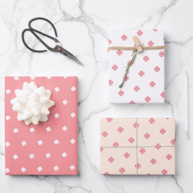 Cute Modern Festive Pink Lucky Clover Pattern  Wrapping Paper Sheet (Front)