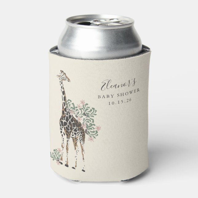 Cute Modern Floral Giraffe Simple Baby Shower Can Cooler (Can Front)