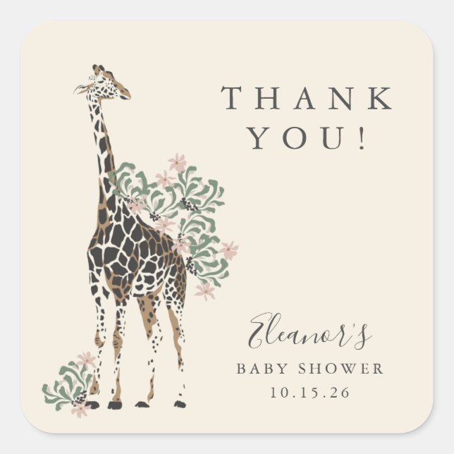 Cute Modern Floral Giraffe Simple Baby Shower Square Sticker (Front)