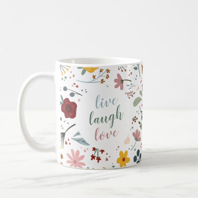 Cute Modern Floral Live Laugh Love Personalised Coffee Mug (Left)
