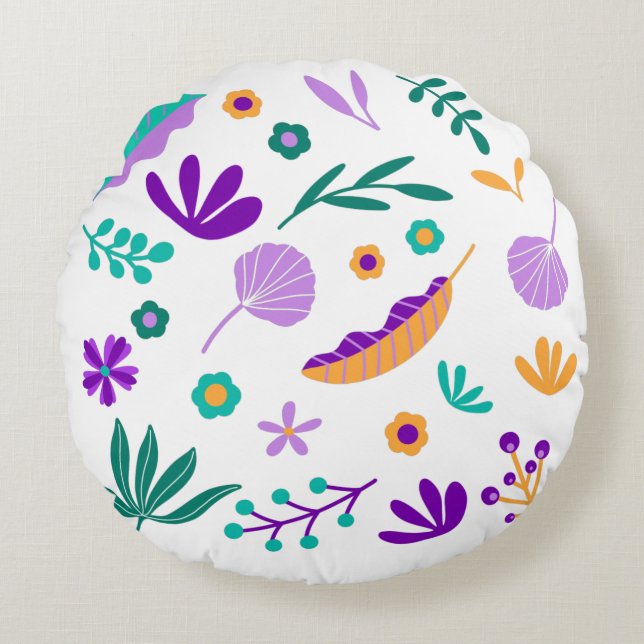 Cute Modern Flowers and Leaves Round Cushion (Front)