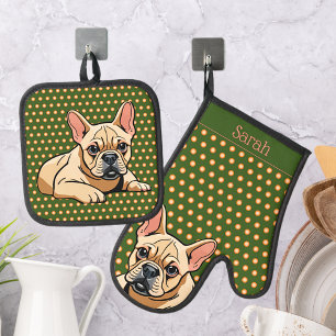 Cute Modern French Bulldog Oven Mitt & Pot Holder Set