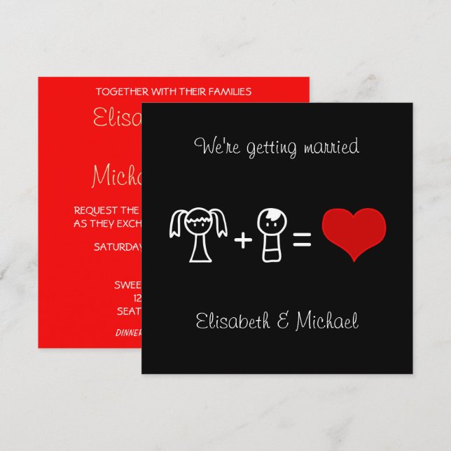 Cute modern fun doodle bride groom black wedding invitation (Front/Back)