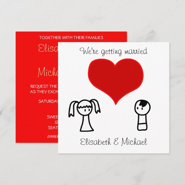 Cute modern fun doodle bride groom wedding invitation (Front/Back)